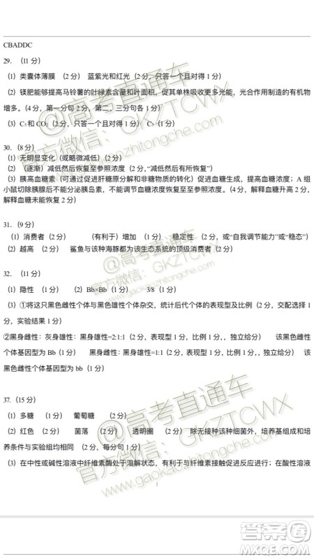 广东省江门市2020届普通高中高三调研考试理科综合答案 广东省江门市2020届普通高中高三调研考试理科综合答案