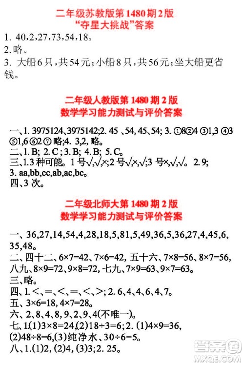 2019年小学生数学报二年级上学期第1480期答案