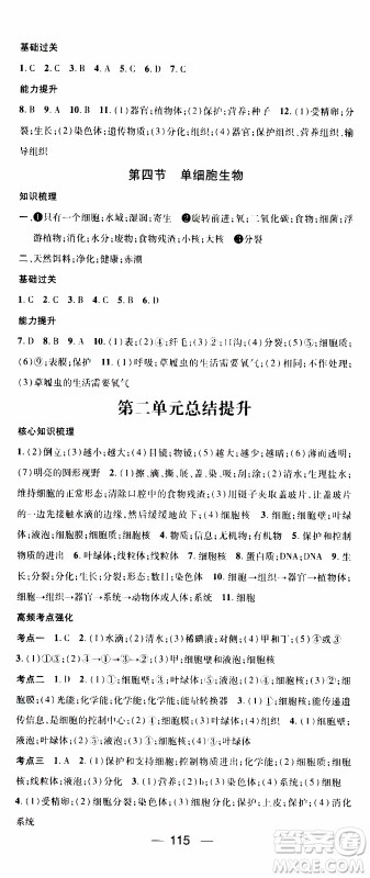 江西教育出版社2019年名师测控生物七年级上册RJ人教版参考答案