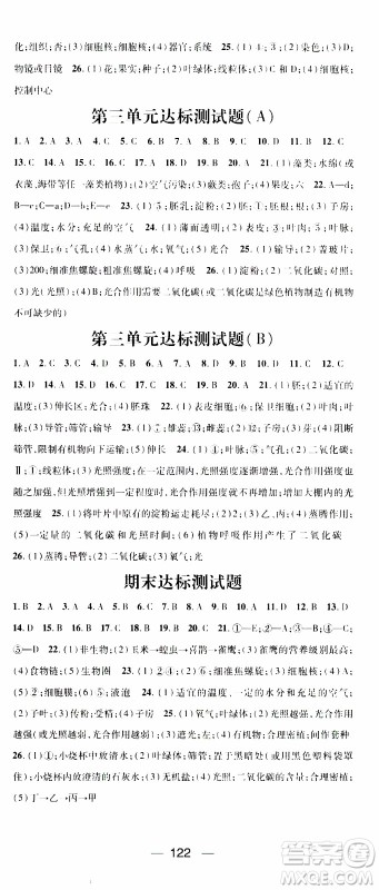 江西教育出版社2019年名师测控生物七年级上册RJ人教版参考答案