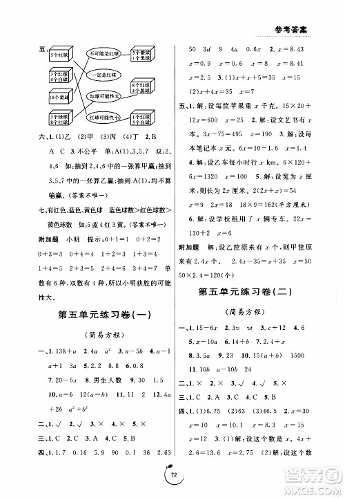 宁波出版社2019年浙江好卷数学五年级上册RJ人教版参考答案