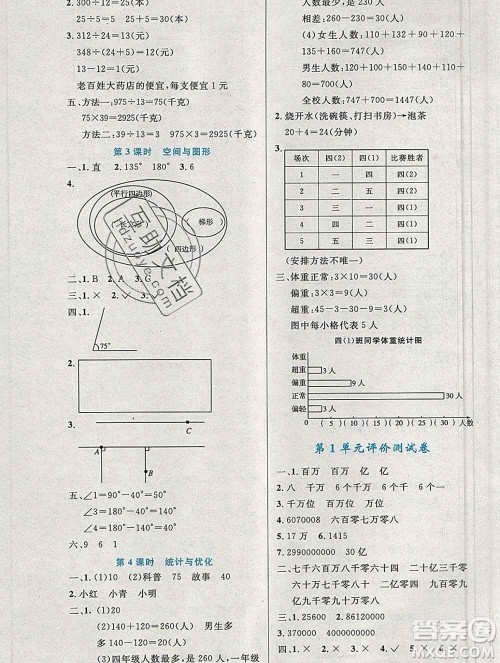 2019年秋新版小学同步测控优化设计四年级数学上册人教增强版陕西专版答案