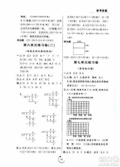 宁波出版社2019年浙江好卷数学四年级上册RJ人教版参考答案