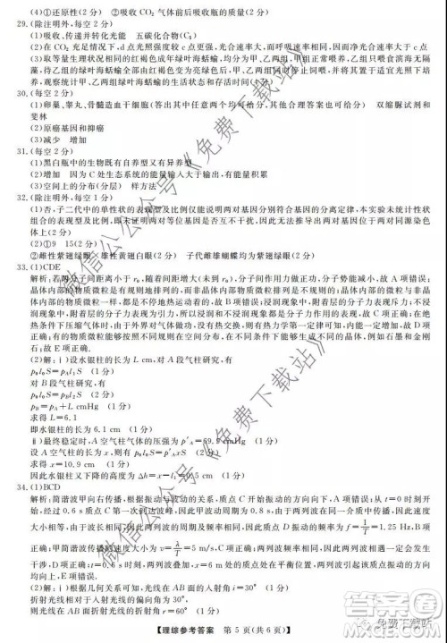三省三校2019-2020上第二次内考卷理科综合答案 三省三校2019-2020上第二次内考卷理科综合答案