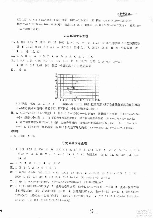 浙江教育出版社2019各地期末名卷精选五年级数学上册人教版答案