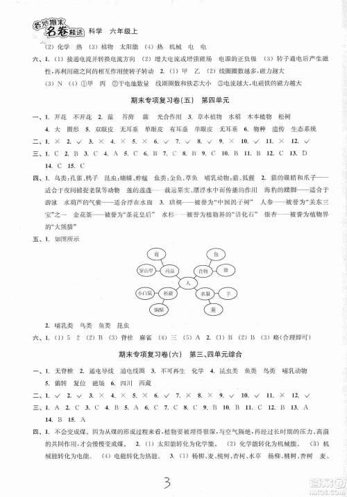 浙江教育出版社2019各地期末名卷精选六年级科学上册人教版答案