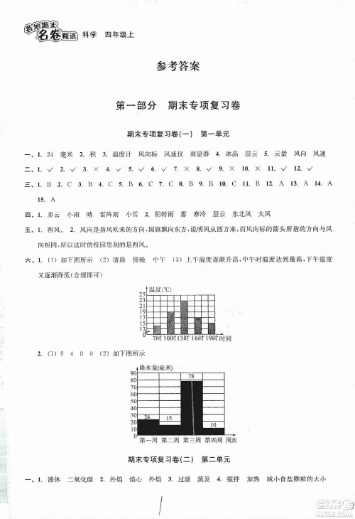 浙江教育出版社2019各地期末名卷精选四年级科学上册人教版答案