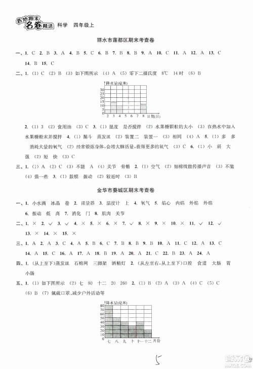 浙江教育出版社2019各地期末名卷精选四年级科学上册人教版答案