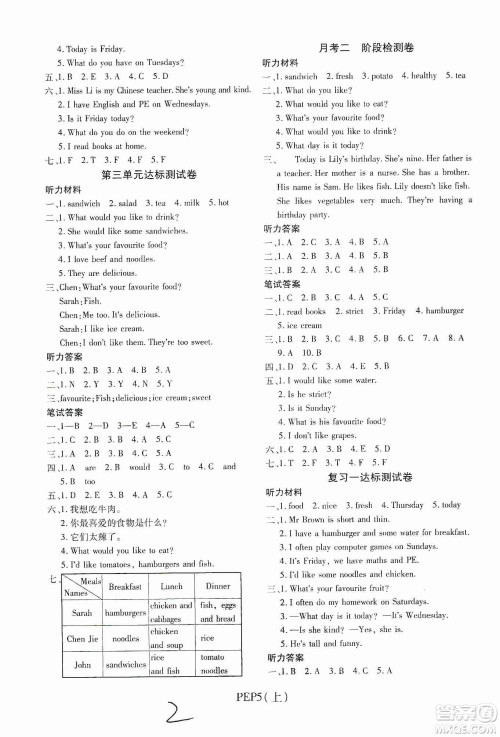 2019期末100分冲刺卷五年级英语上册PEP版答案