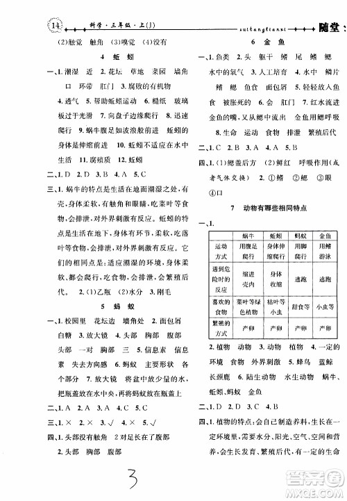 2019年课时掌控随堂练习科学三年级上册J教科版参考答案