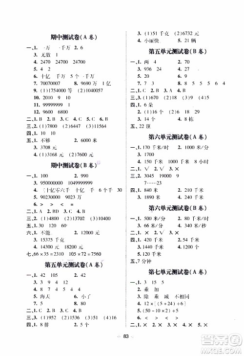青岛出版社2019年随堂大考卷数学四年级上册青岛版参考答案 青岛出版社2019年随堂大考卷数学四年级上册青岛版参考答案