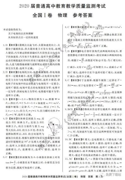 百校联盟2020届普通高中教育教学质量监测考试全国I卷物理答案