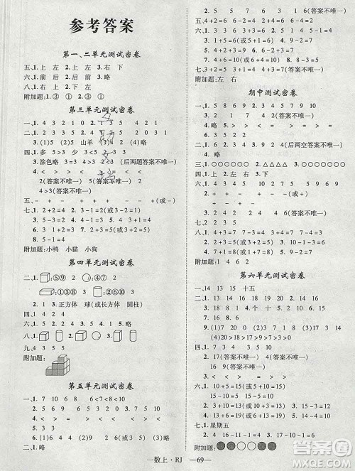 2019秋优翼丛书优干线单元加期末卷一年级数学上册人教版答案 2019秋优翼丛书优干线单元加期末卷一年级数学上册人教版答案