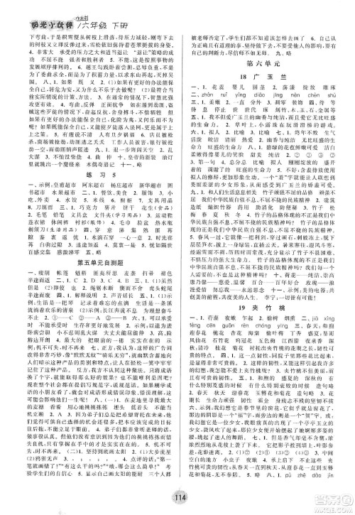 阳光小伙伴2020课时提优计划作业本六年级语文下册江苏地区专用版答案