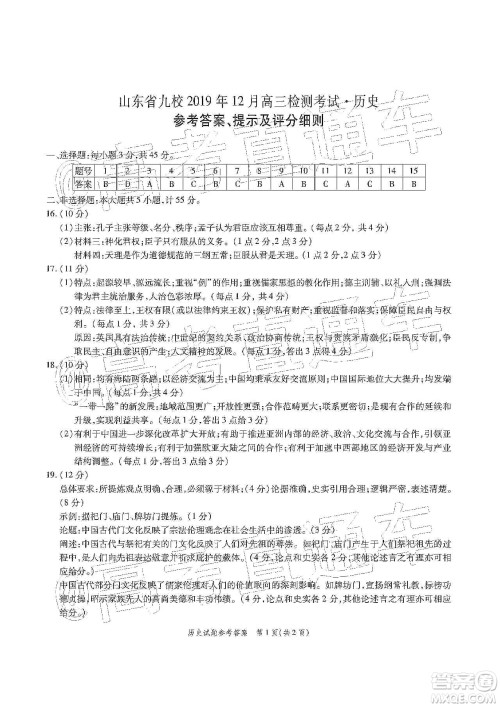 山东省九校2019年12月高三检测考试历史答案 山东省九校2019年12月高三检测考试历史答案