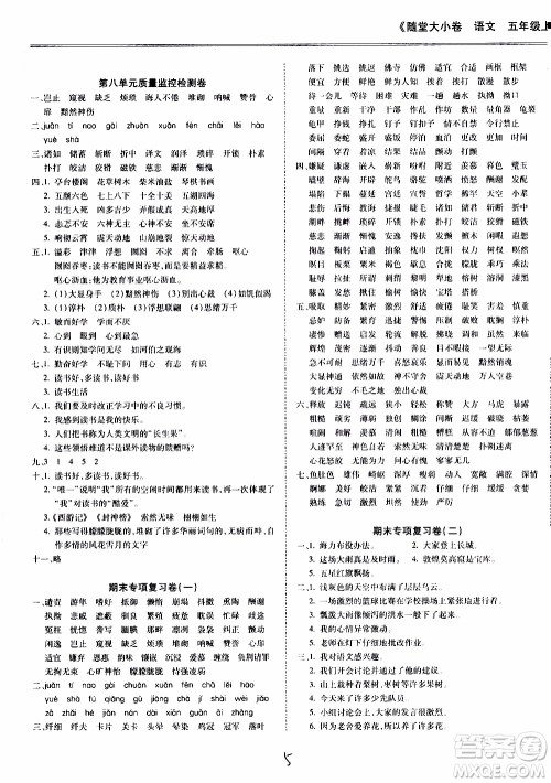 驰逐文化2019年基础小试卷随堂大小卷语文五年级上学期参考答案