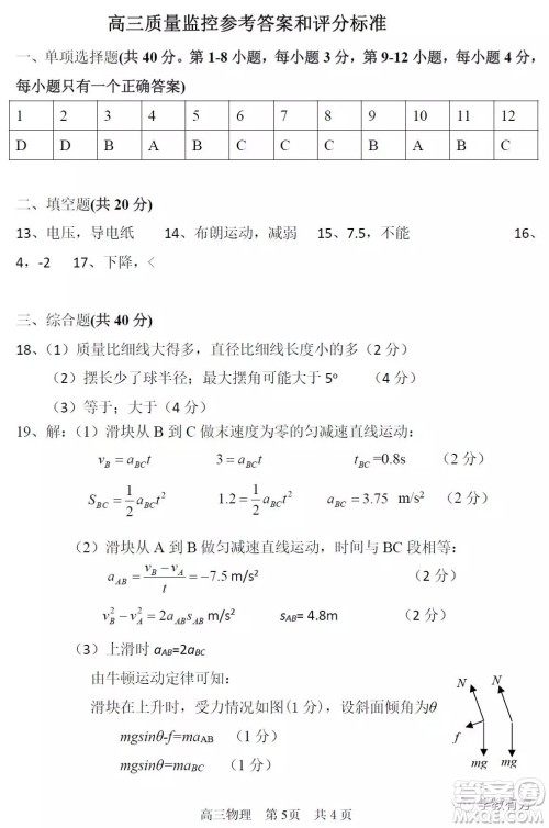 上海市宝山区2020届高三一模物理试题答案