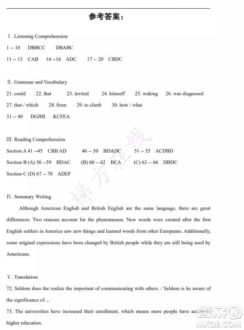 上海市松江区2020届高三一模英语试题答案