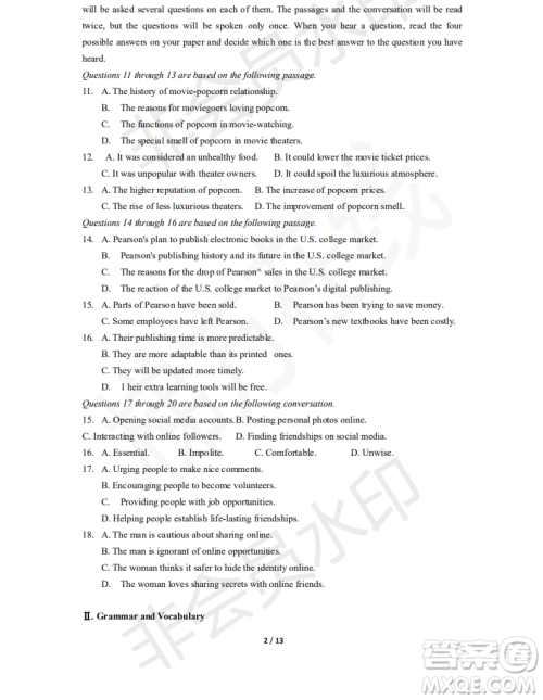 上海市崇明区2020届高三第一次高考模拟考试英语试卷答案