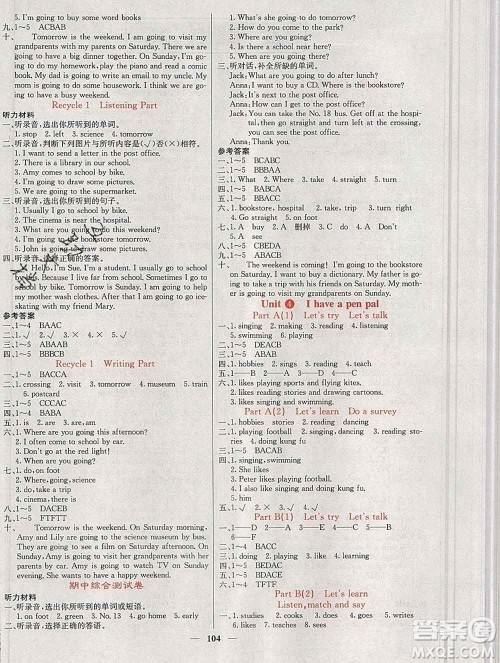 沈阳出版社2019年秋课堂点睛六年级英语上册人教版参考答案