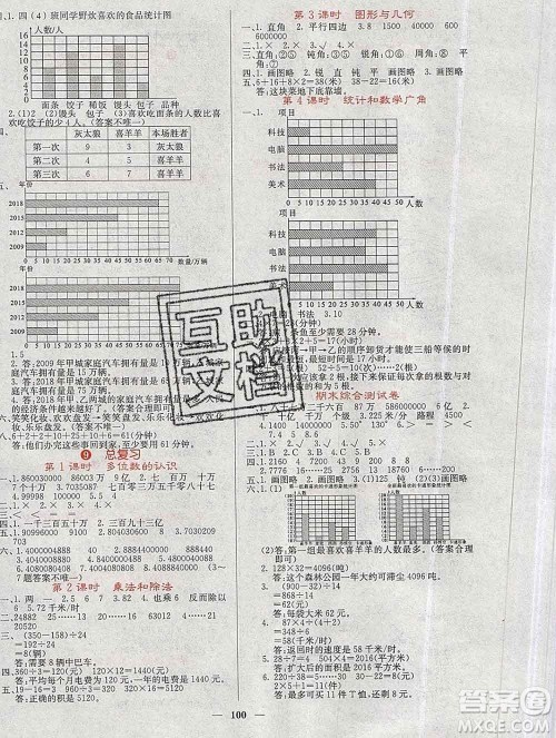 沈阳出版社2019年秋课堂点睛四年级数学上册人教版参考答案