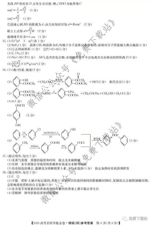 2020届高考名校导航金卷四理科综合答案 2020届高考名校导航金卷四理科综合答案