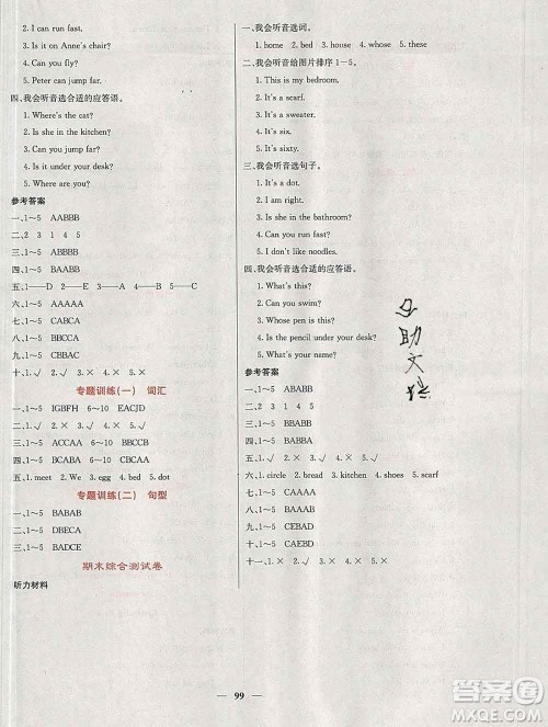 沈阳出版社2019年秋课堂点睛四年级英语上册湘少版参考答案