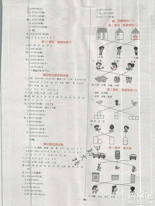 沈阳出版社2019年秋课堂点睛二年级数学上册人教版参考答案