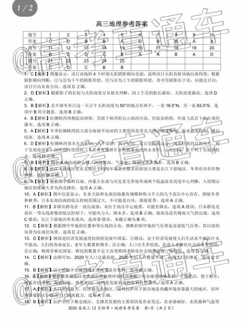 皖江名校联盟2020届高三12月份联考地理试题及答案