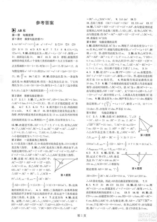 春如金卷2019初中数学课时作业AB本B本八年级上册答案