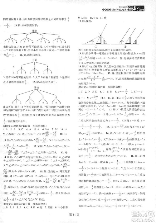 春如金卷2019初中数学课时作业AB本九年级上册A本答案