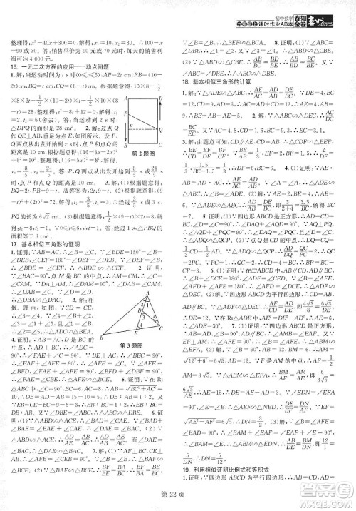 春如金卷2019初中数学课时作业AB本C本九年级上册答案