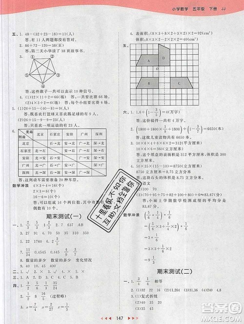 2020年春小儿郎53天天练五年级数学下册冀教版参考答案