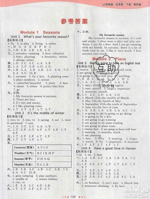 2020年春小儿郎53天天练五年级英语下册教科版广州专用参考答案 2020年春小儿郎53天天练五年级英语下册教科版广州专用参考答案