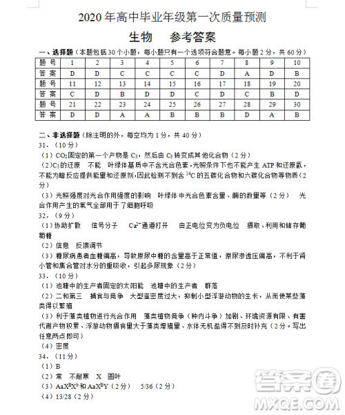 河南省2020届高中毕业年级第一次质量预测生物试卷答案