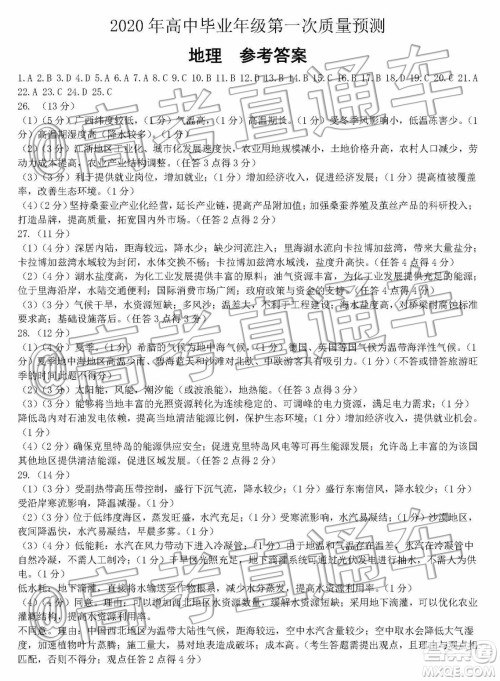 河南省2020届高中毕业年级第一次质量预测地理试卷答案 河南省2020届高中毕业年级第一次质量预测地理试卷答案