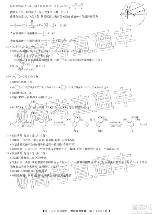 九师联盟2019-2020学年高三12月质量监测理科综合答案