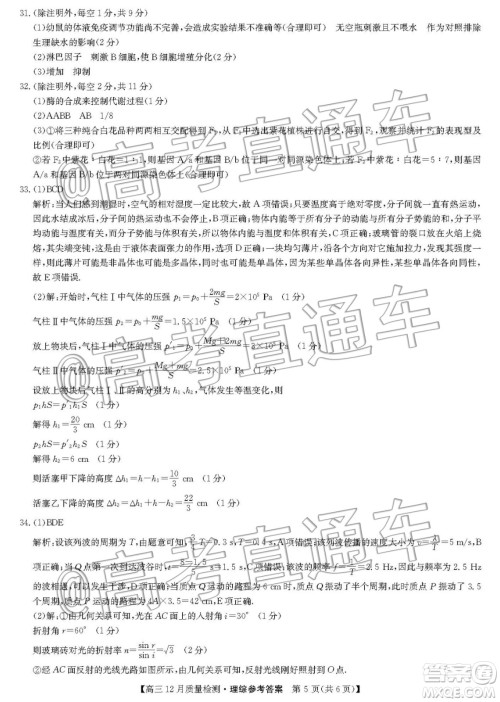 九师联盟2019-2020学年高三12月质量监测理科综合答案