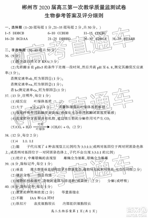 湖南省郴州市2020届高三第一次教学质量监测试卷生物答案 湖南省郴州市2020届高三第一次教学质量监测试卷生物答案