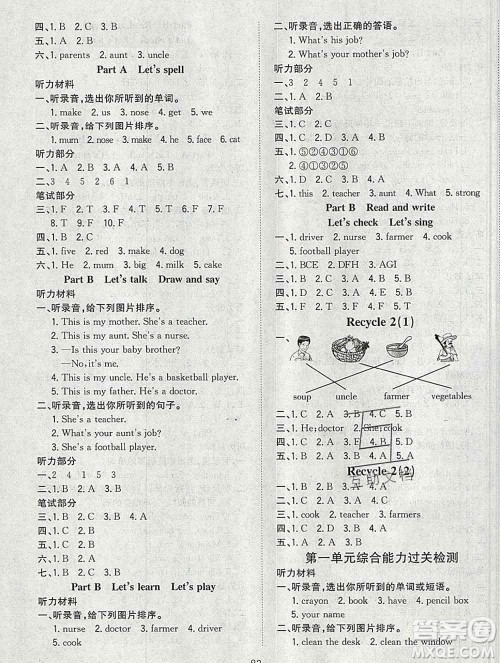 浙江大学出版社2019课时特训优化作业本四年级英语上册人教版答案