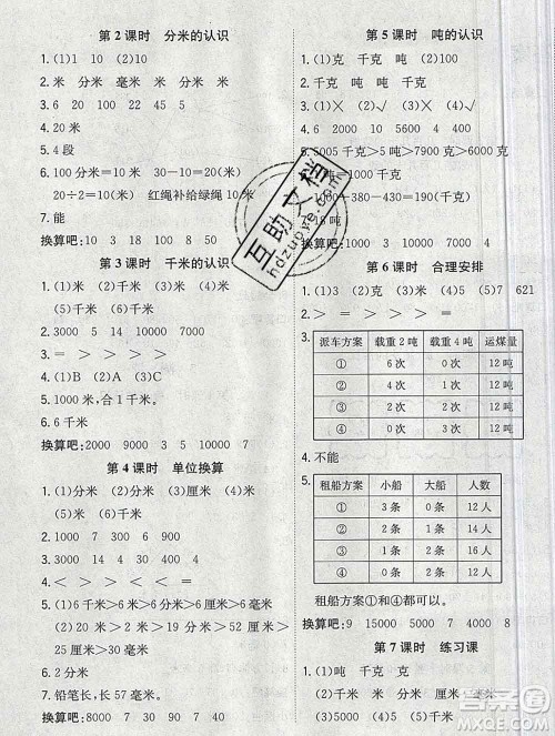 浙江大学出版社2019课时特训优化作业本三年级数学上册人教版答案 浙江大学出版社2019课时特训优化作业本三年级数学上册人教版答案