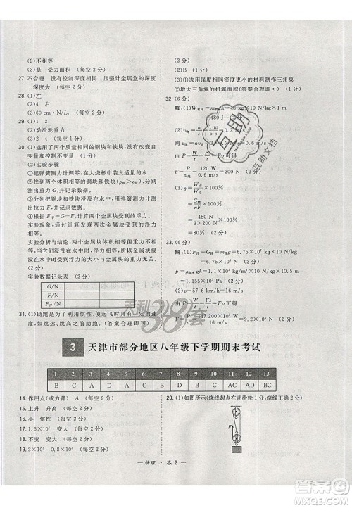 2020年天利38套初中名校期末联考测试卷八年级物理第二学期人教版答案 2020年天利38套初中名校期末联考测试卷八年级物理第二学期人教版答案