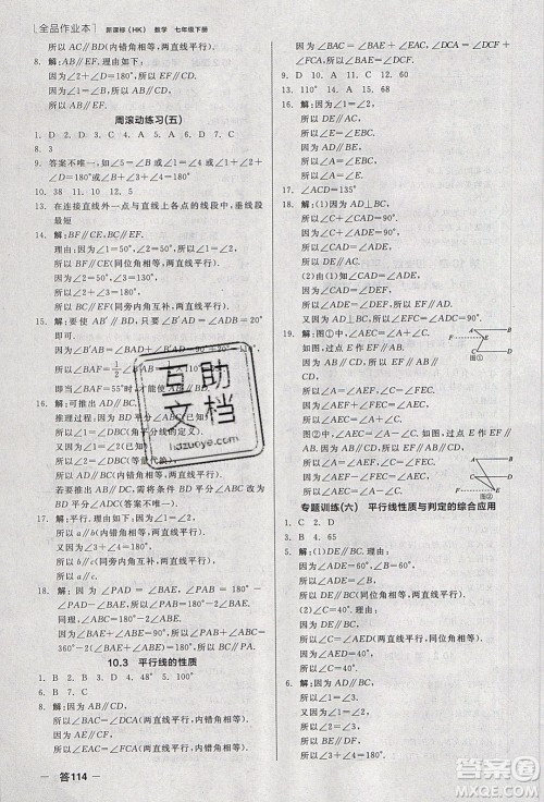 阳光出版社2020年全品作业本数学七年级下册沪科版参考答案