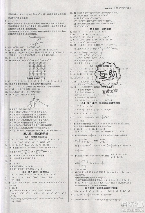 阳光出版社2020年全品作业本数学七年级下册新课标冀教版参考答案