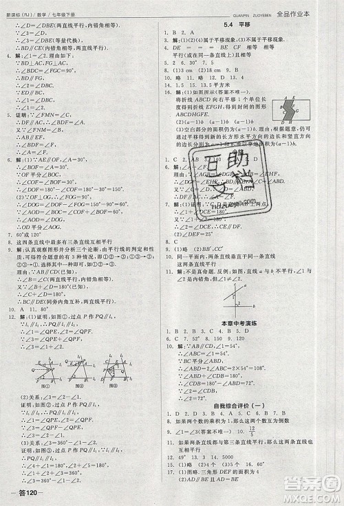 阳光出版社2020年全品作业本数学七年级下册新课标RJ人教版参考答案