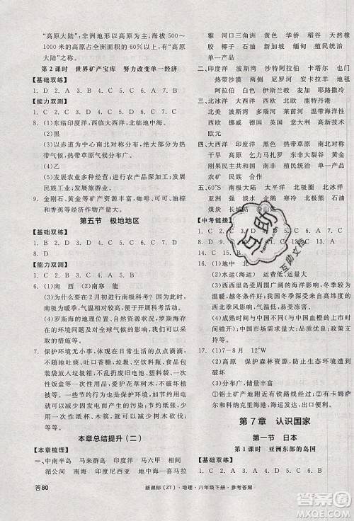 阳光出版社2020年全品作业本地理八年级下册新课标ZT中图版参考答案