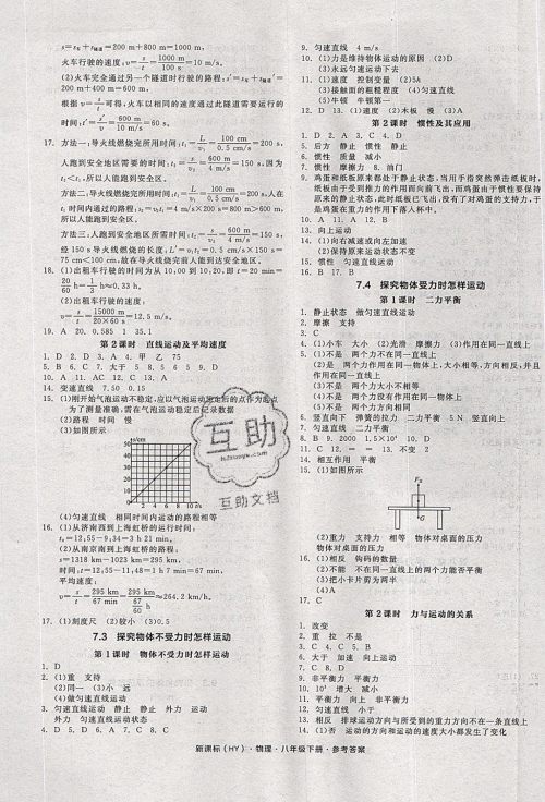 阳光出版社2020年全品作业本物理八年级下册新课标HY沪粤版参考答案