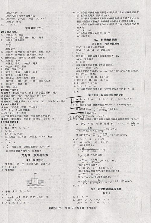 阳光出版社2020年全品作业本物理八年级下册新课标HY沪粤版参考答案