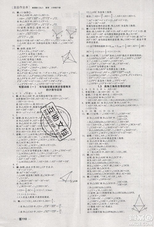 阳光出版社2020年全品作业本数学八年级下册新课标XJ湘教版参考答案