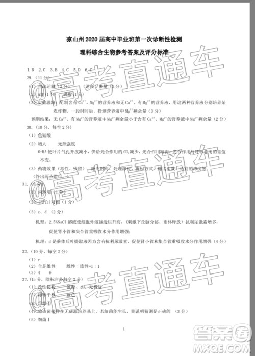 凉山州2020届高中毕业班第一次诊断性检测理科综合生物试题答案 凉山州2020届高中毕业班第一次诊断性检测理科综合生物试题答案